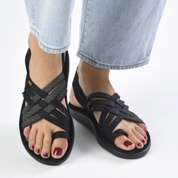 TEVA Voya Strappy Sandals Black Crisscrossed Shoes Elastic Recycled Summer - Picture 5 of 12